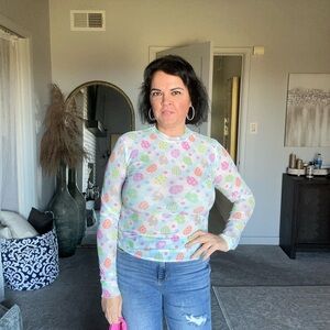 Colorful Floral Long Sleeve Mesh top with Easter Egg. Size L